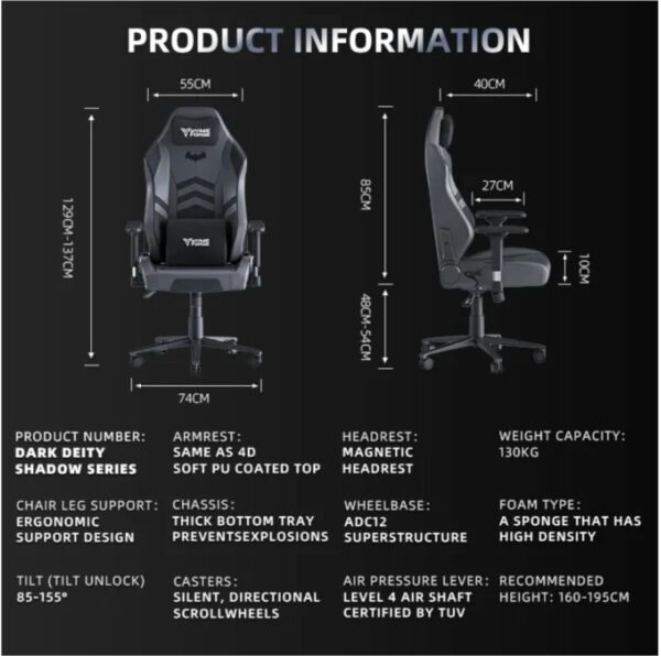 GAMEFORGE Dark Shadow Gaming Chair - Magnetic Headrest, 4D Adjustable Armrests, Ergonomic Design with Height & Tilt Adjustability