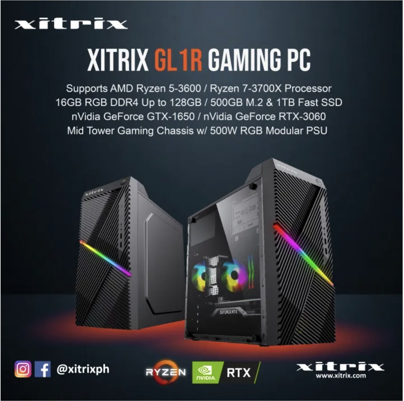 Xitrix GL1R AMD Ryzen 7 Gaming PC | R7-3700X/R7-5700X Processor, NVIDIA GTX/RTX GPU, B550 Board, 16GB RGB DDR4, 500GB SSD + 1TB HDD, Wireless AC, Liquid Cooling | 3 Years